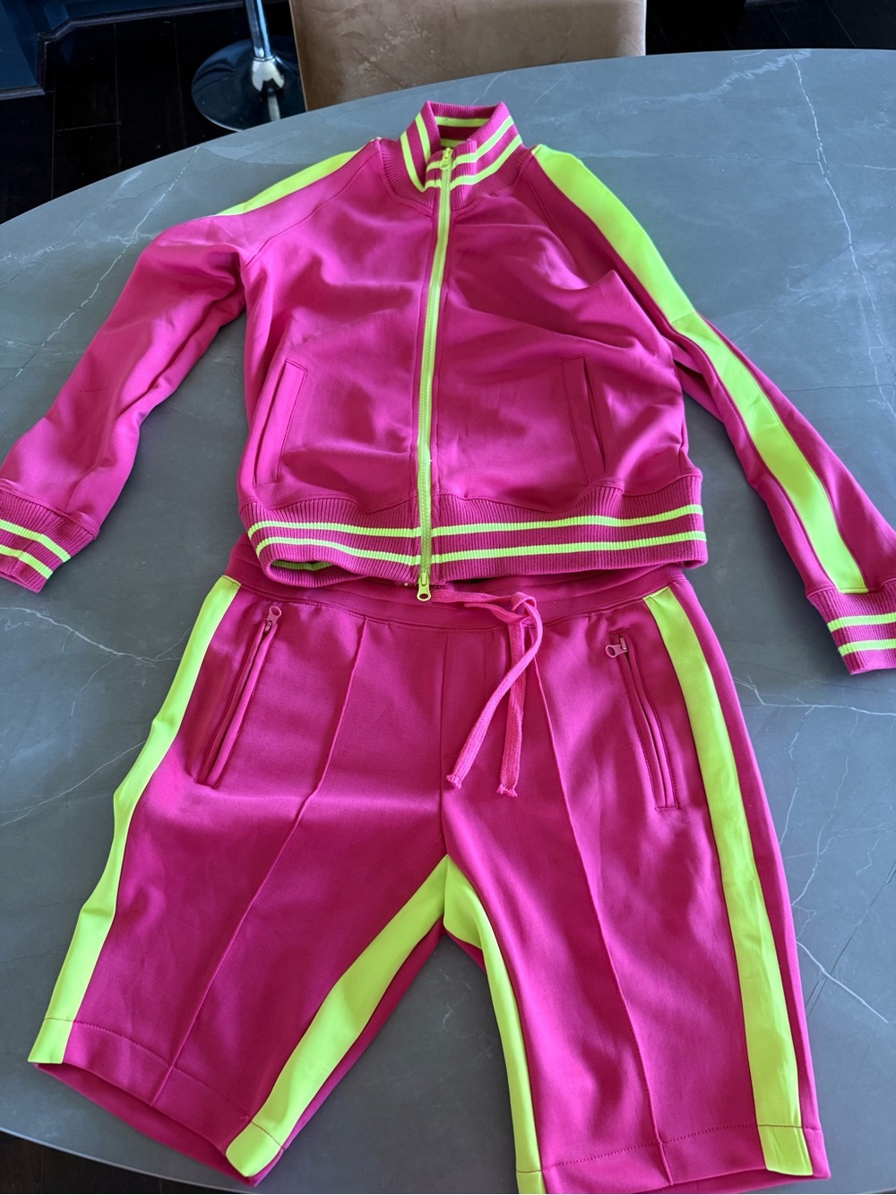 Women's Neon Pink Athletic Shorts with Lime Side Stripes
